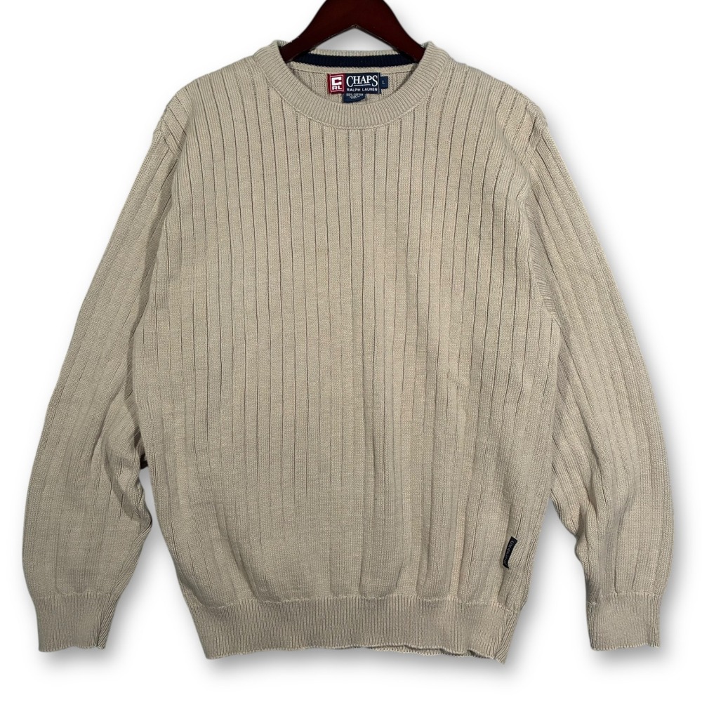 Vintage Chaps Ralph Lauren Tan Ribbed Cotton Crew Neck Sweater Men's L USA‎